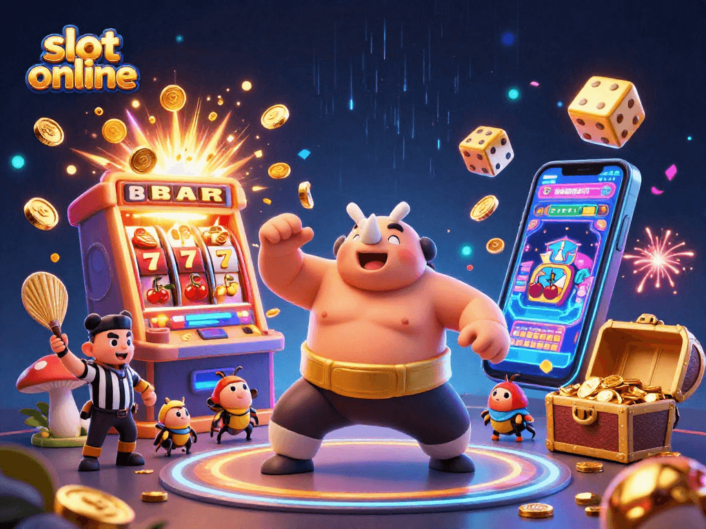 Experience dynamic slot online excitement with a rhinoceros beetle champion and vibrant casino elements.