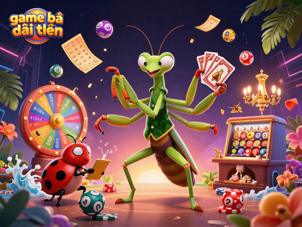 Engaging scene showcasing game bài đổi thưởng with a giant praying mantis card sharp, ladybug pit boss, and colorful lottery elements.