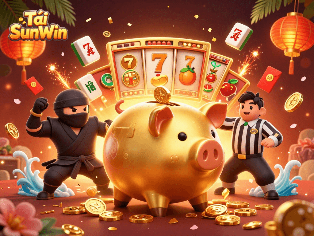 Tải SunWin showcases an action-packed scene with a golden piggy bank sumo wrestler, a ninja, and a samurai in a vibrant casino-themed environment.