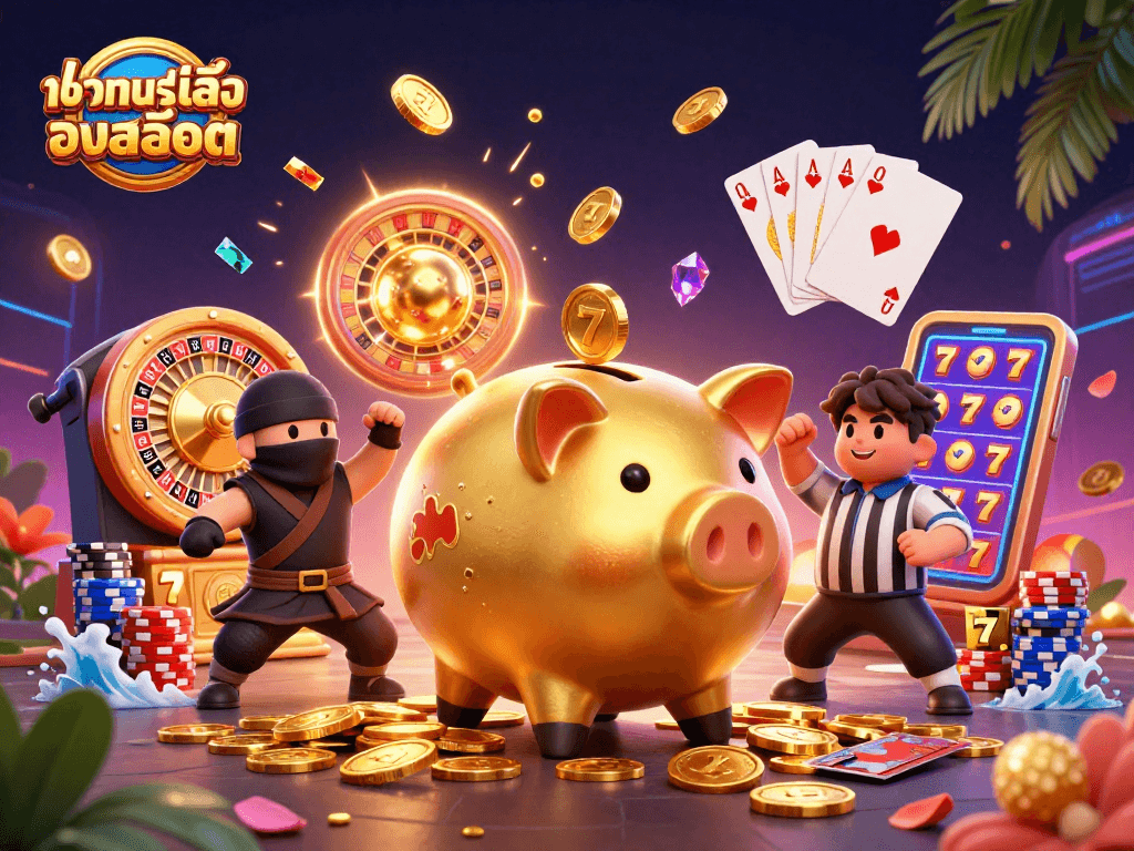 Experience ทดลองเล่นสล็อต action with dynamic golden coins, vibrant characters, and energizing casino elements.