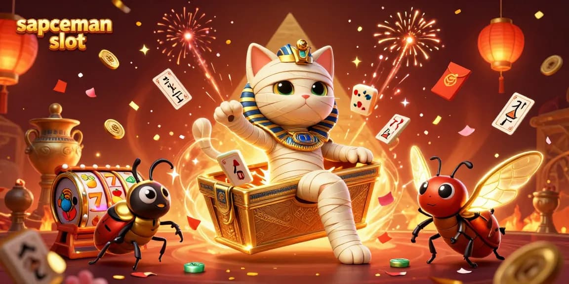 Experience excitement with sapceman slot as a mummy cat bursts from a casino sarcophagus surrounded by vibrant elements.