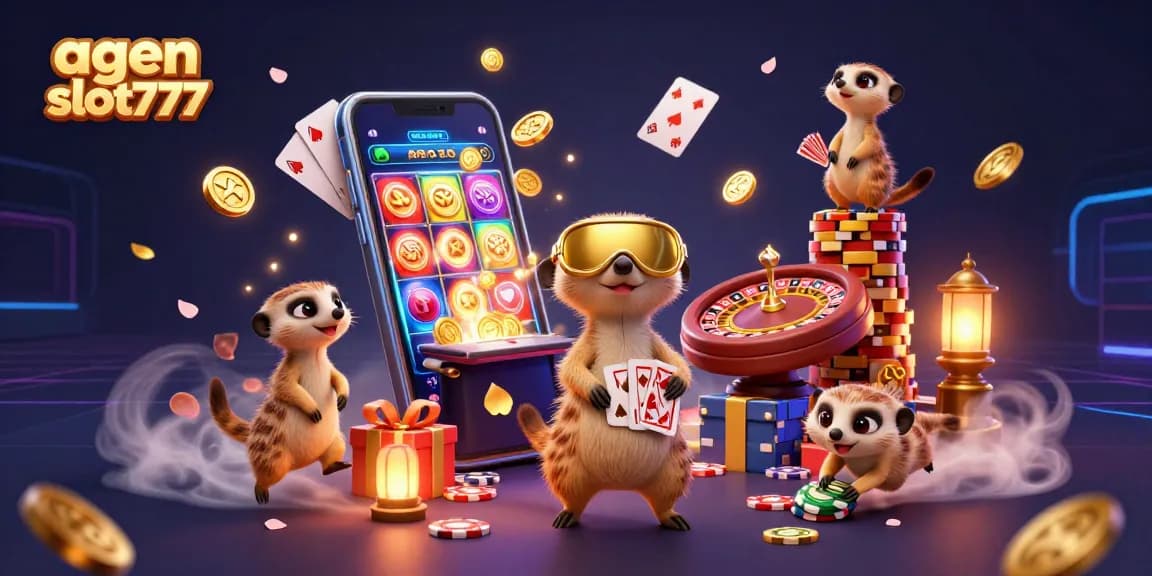Experience thrilling wins with agen slot777 in a vibrant casino scene featuring playful meerkats.