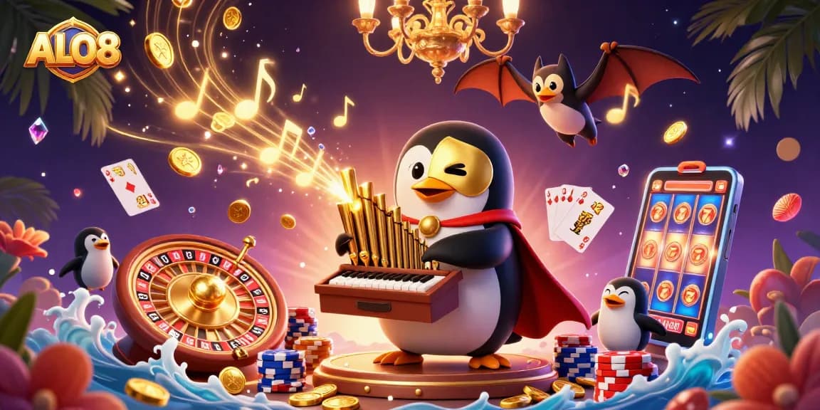 Experience ALO8's unique gaming atmosphere with a dazzling 3D penguin character amidst golden coins!