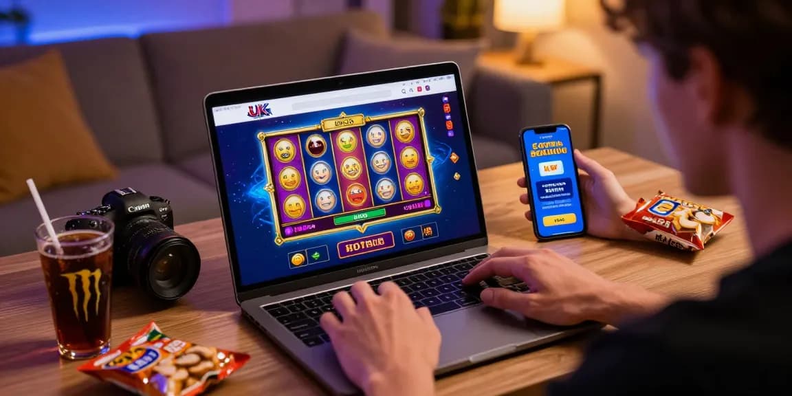 Interactive gaming scene featuring a player exploring new UK casino sites on a laptop with vibrant slot graphics and bonuses.
