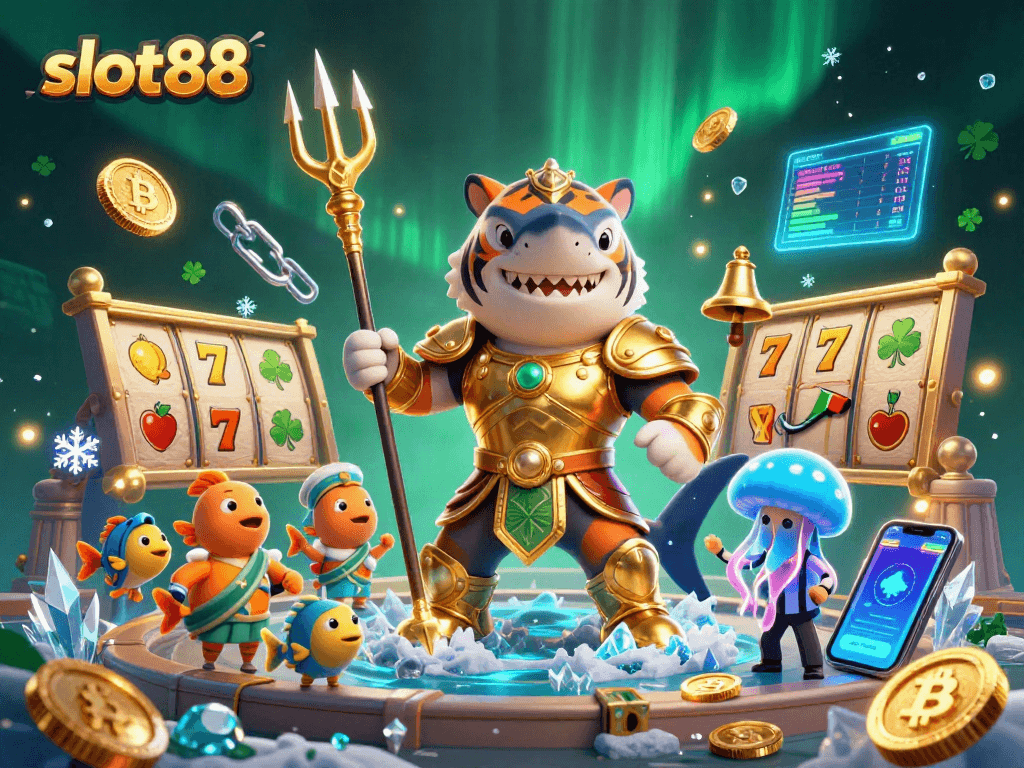 Engage with slot88 as a fierce tiger shark in a vibrant underwater colosseum battling for jackpot rewards.