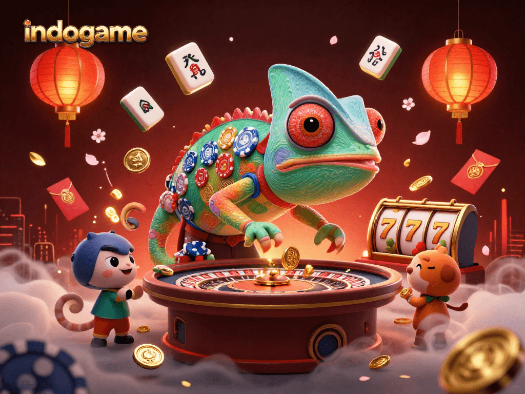 Experience the thrill at indogame's vibrant casino scene with a colorful chameleon owner and exciting game features.