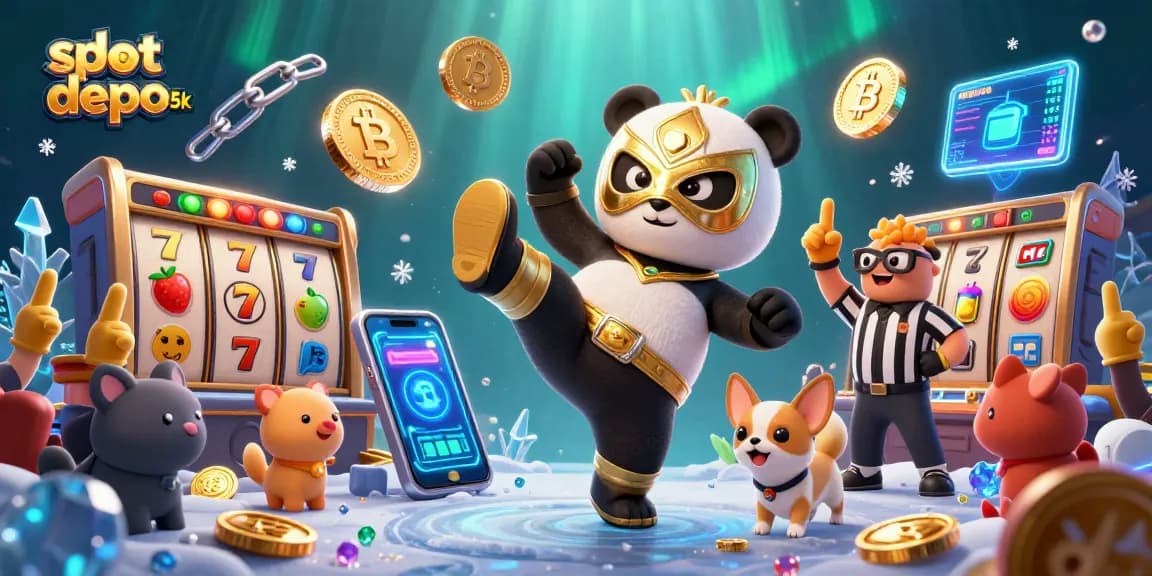 Slot depo 5k menampilkan karakter panda dan chihuahua dalam suasana pertandingan slot yang meriah.