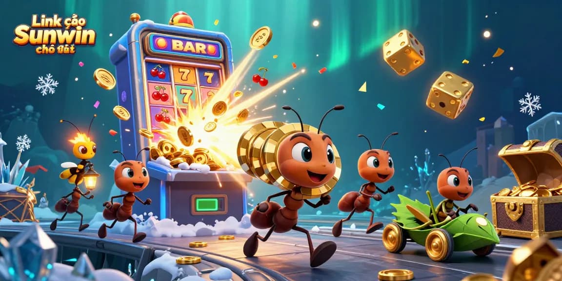 Engage with the thrilling Link vào Sunwin chính thức, featuring ants in a heist with golden poker chips amidst swirling casino elements.