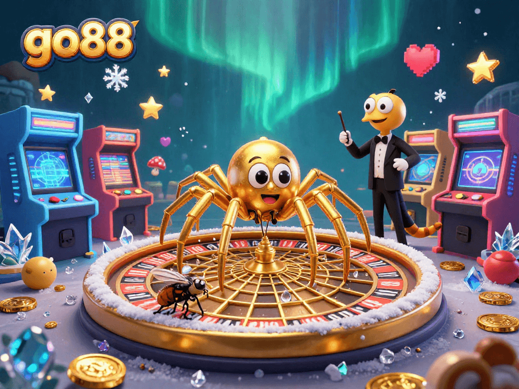 Bet with go88 at a vibrant casino scene featuring a golden spider and dynamic game elements.