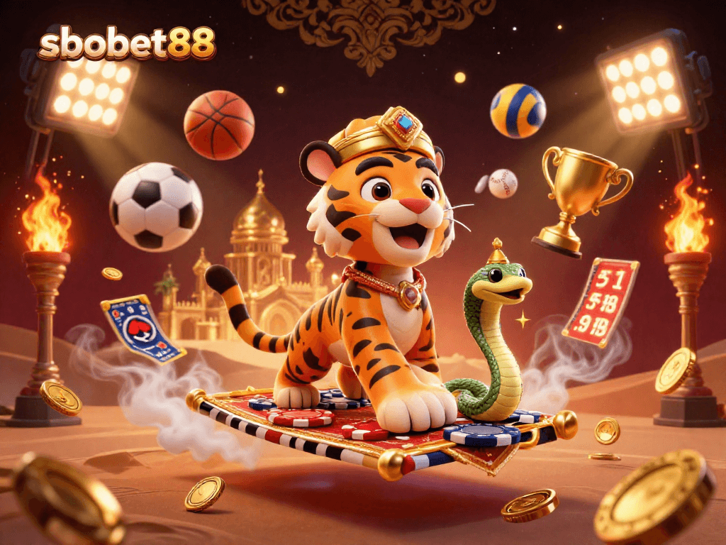 SboBet88's vibrant 3D illustration showcases a tiger sultan on a flying poker chip carpet amidst dynamic sports elements.