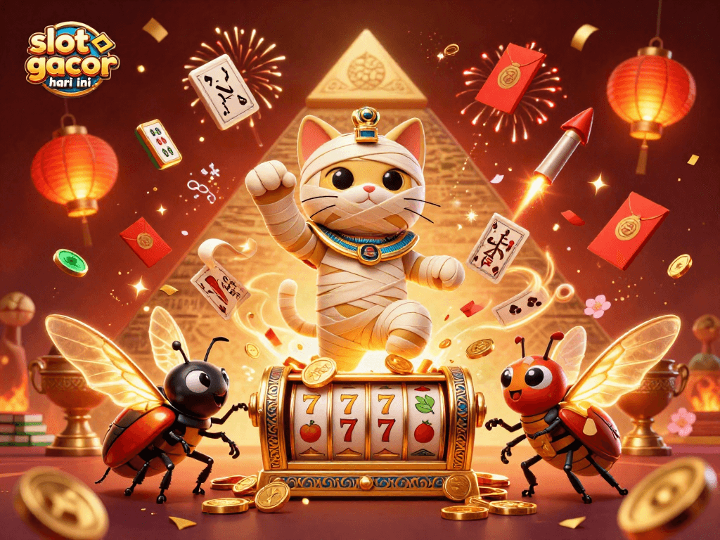 Engage with the vibrant slot gacor hari ini scene featuring a mummy cat in a bustling pyramid casino.