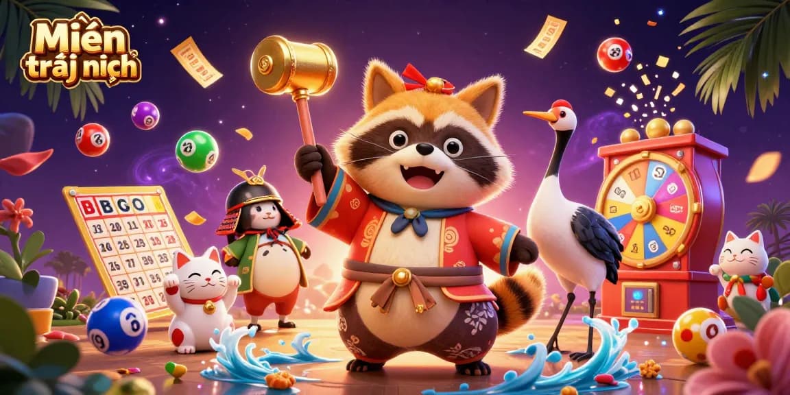 Engage in exciting gambling with Miễn trách nhiệm showcasing vibrant lottery elements and cheerful characters