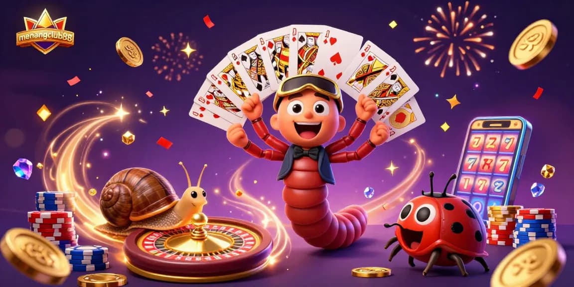 Experience extreme fun at menangclub88 with a lively millipede dealer flanked by a snail high-roller and pill bug excitement!