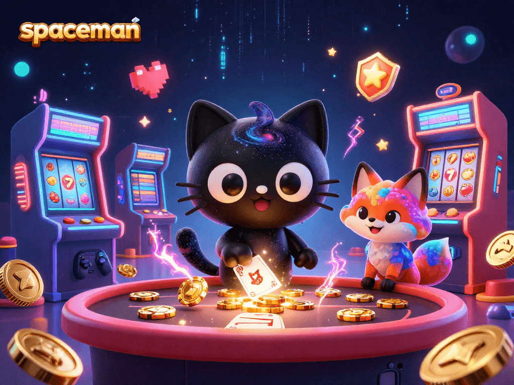 Engage with spaceman at a cosmic casino, featuring vibrant 3D games and a galaxy backdrop.