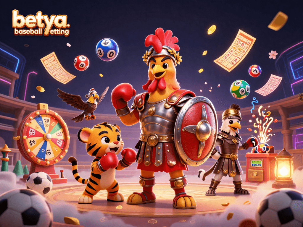 Engage in betya.com baseball betting with dynamic 3D illustration of a rooster gladiator and sports elements.