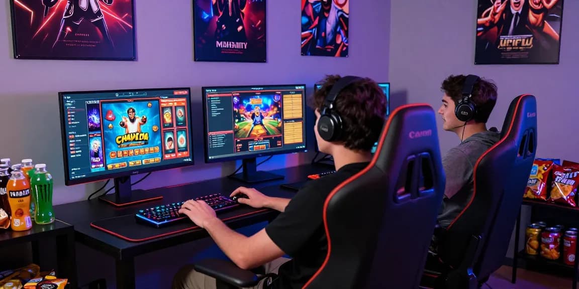 Mahajitu online gaming scene featuring an engaged player with dual monitors, showcasing popular games in a vibrant atmosphere.