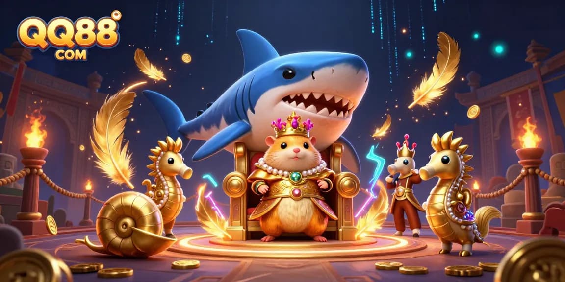 Engage in exciting gaming adventures with QQ88 COM featuring a golden hamster king in a thrilling casino scene.