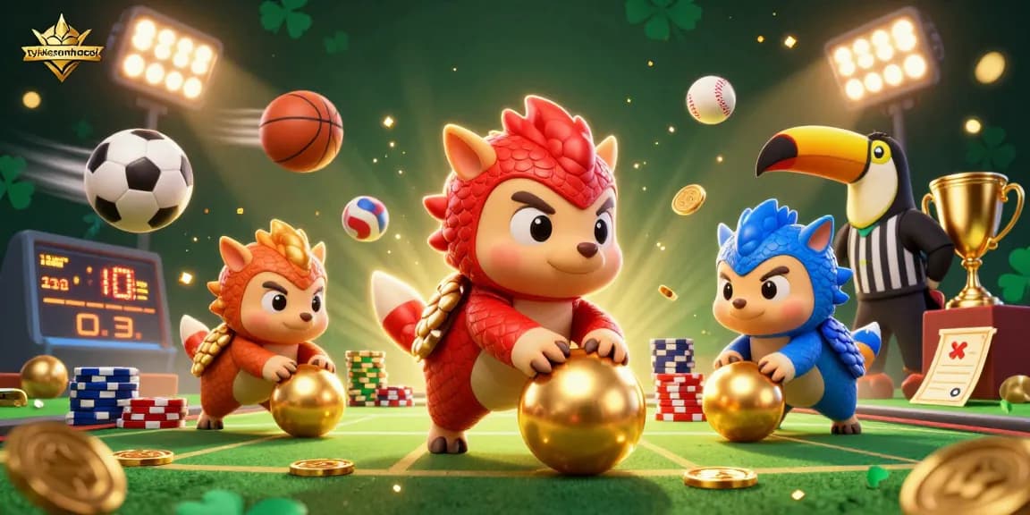 Engage in exciting tylekeonhacai action with dynamic pangolins rolling into golden balls among vibrant sports elements.
