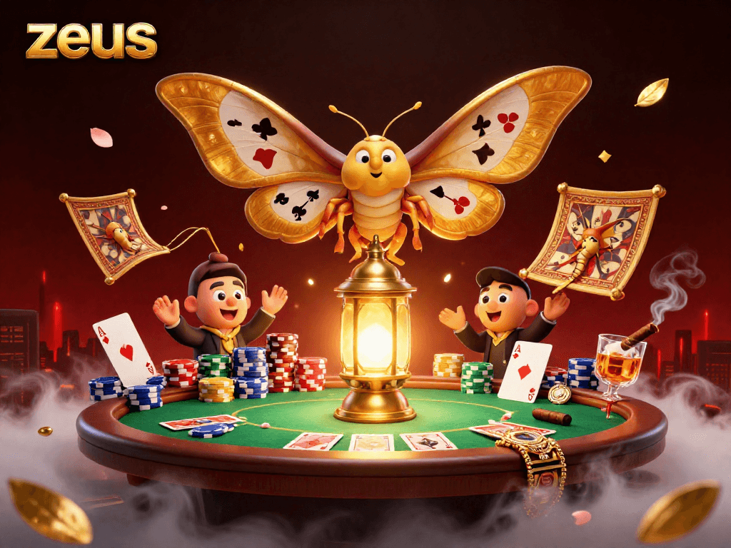 Experience zeus in action with a vibrant casino scene featuring animated moths and poker elements.