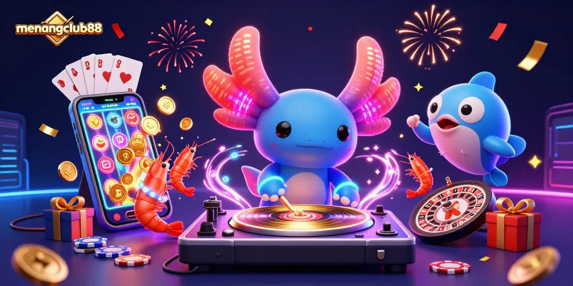 Spin the reels with menangclub88 in this vibrant 3D casino scene featuring a DJ and lively sea creatures.