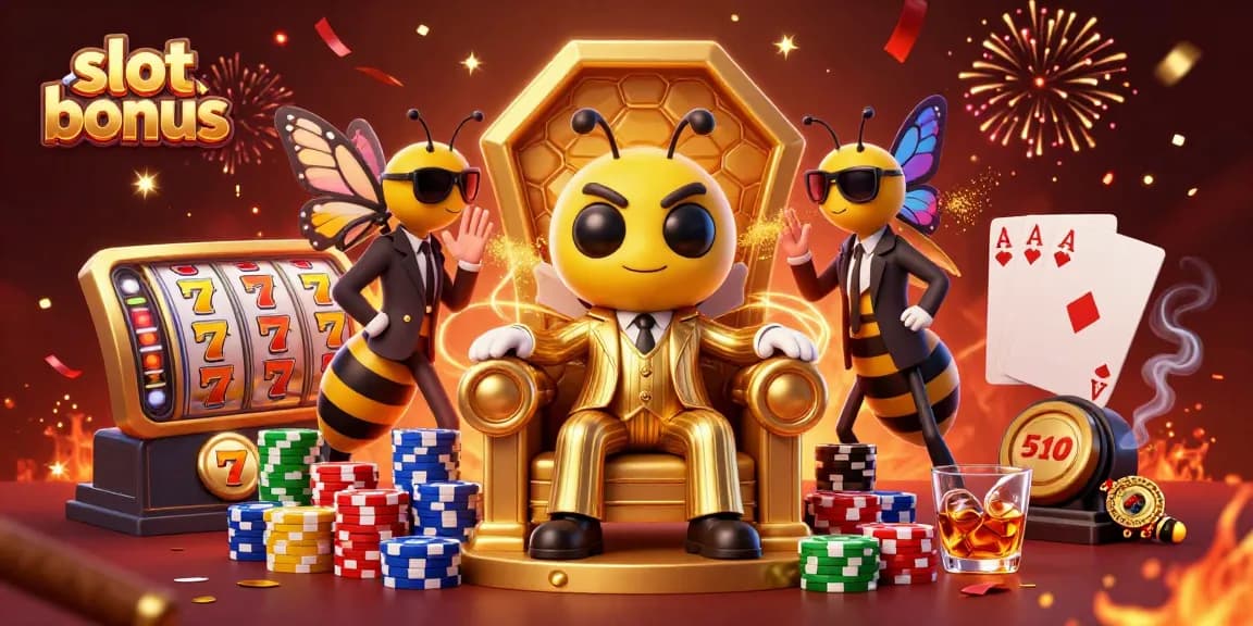 Engage with slot bonus excitement in a dynamic casino scene featuring a bumblebee mob boss and vibrant slot elements.