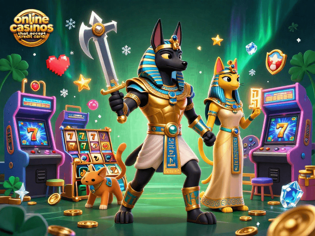 Experience the thrill at online casinos that accept credit cards with Anubis and Bastet, surrounded by gaming excitement.