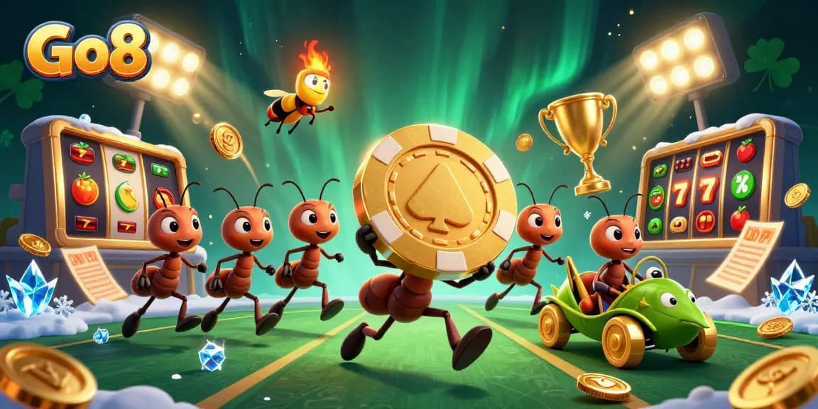 Experience Go8 with fun and excitement, portrayed through a cartoon heist scene full of casino elements.