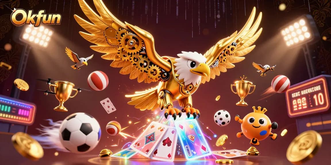 Experience thrilling gameplay at Okfun with a cybernetic golden eagle diving through casino excitement.