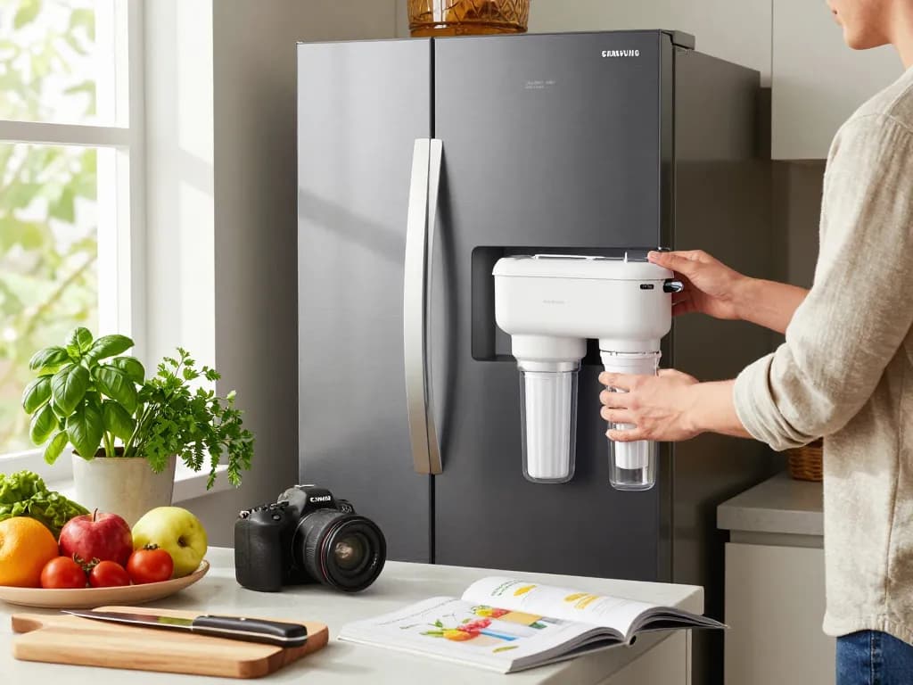 Showcasing an Overbest DA29-00020B Refrigerator Water Filter being installed in a modern kitchen, surrounded by fresh produce and cooking tools.