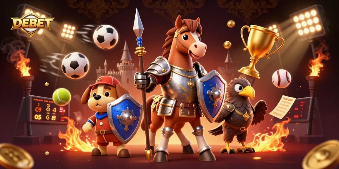 Engage with DEBET's thrilling sports betting adventure featuring vibrant characters and action