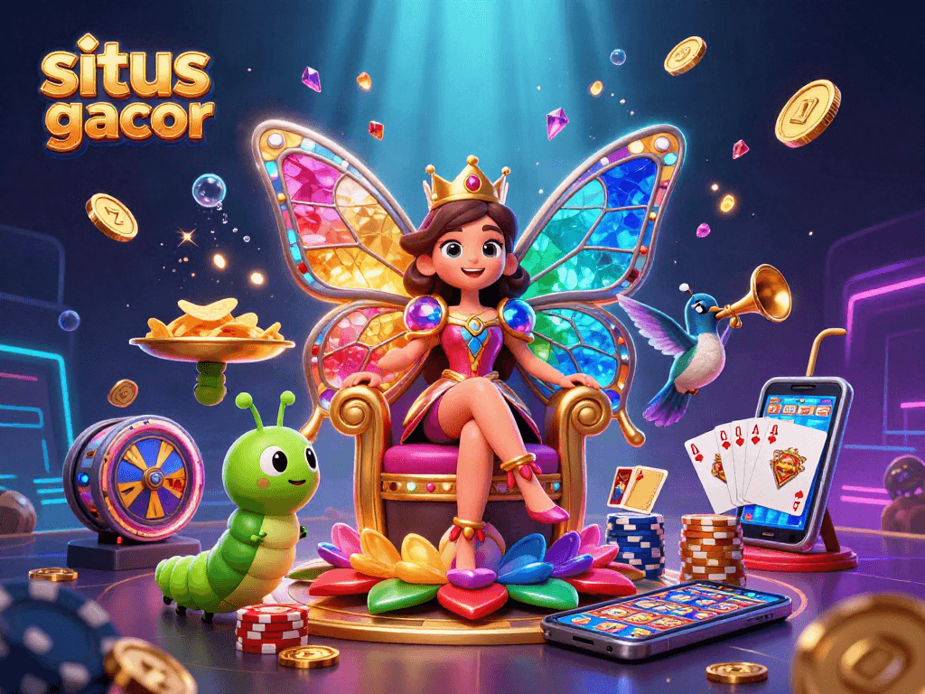 Permainan situs slot gacor dengan ilustrasi 3D ratu kupu-kupu dan elemen kasino warna-warni yang menarik