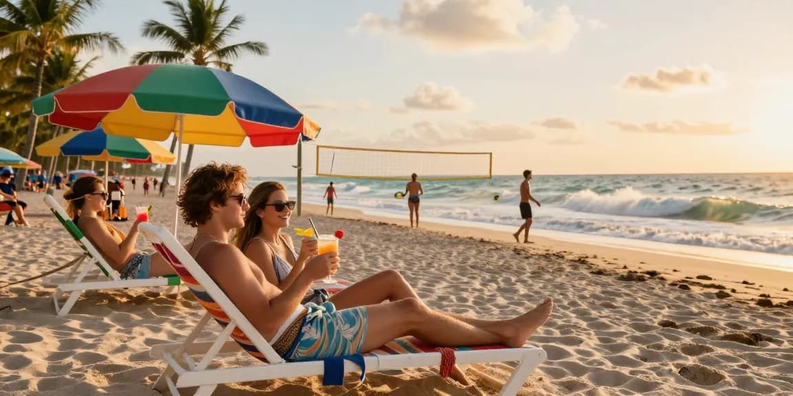 Pengunjung menikmati suasana pantai Miami di https://miami4d.com/ dengan sunset indah dan kegiatan menyenangkan.