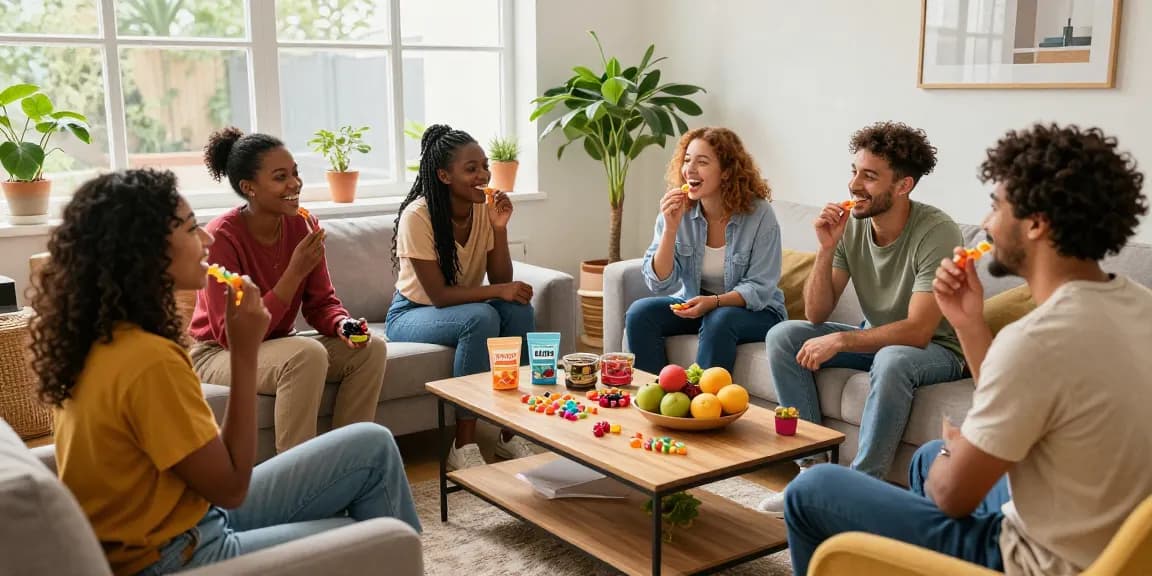 Edibles UK: Friends enjoying colorful CBD jelly candies in a bright living room, showcasing wellness and connection.