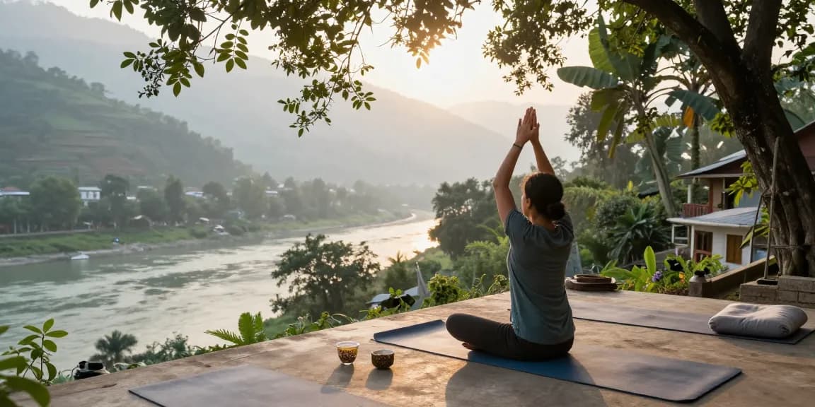 Practicing pranayama courses at a serene yoga retreat in Rishikesh amidst lush nature.