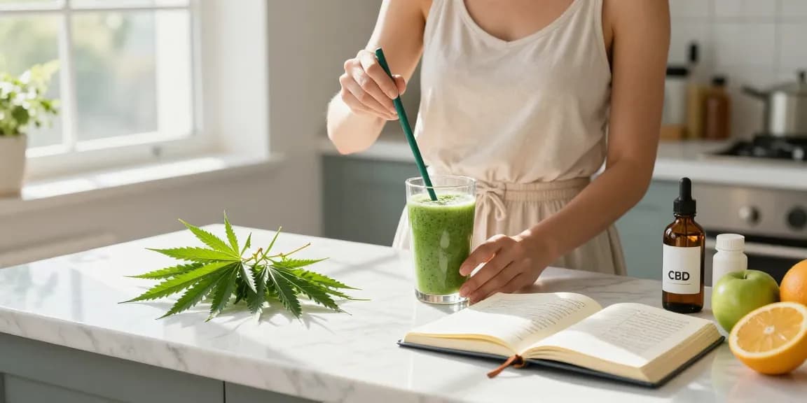 Creación de contenido de marketing con aceite CBD orgánico y elementos naturales de bienestar en cocina luminosa.