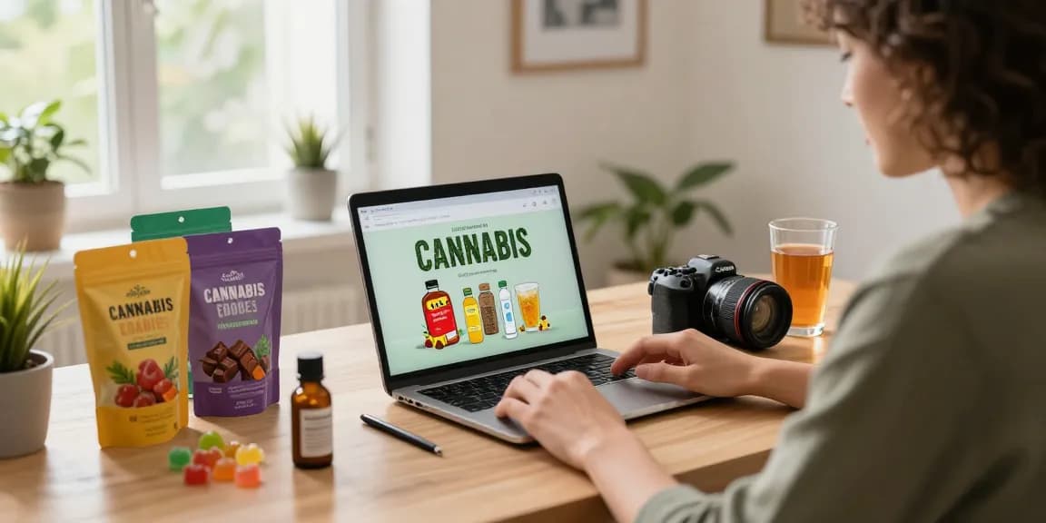 Buy Weed Edibles Online Europe with vibrant cannabis treats on desk in a stylish home office setting.
