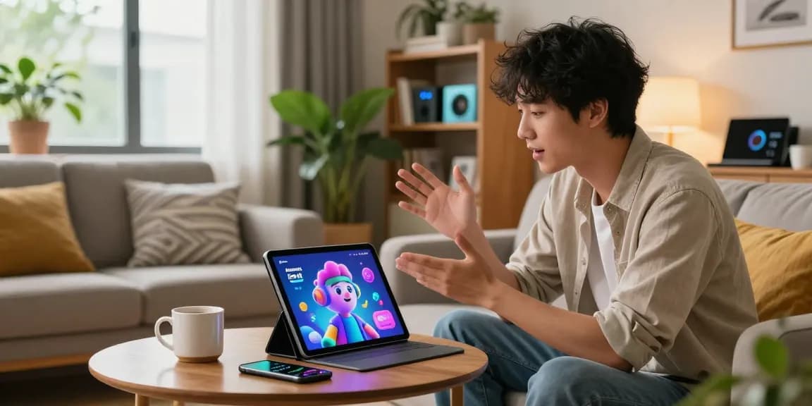 Engaging user experience with Crushon AI on a tablet in a cozy modern living room