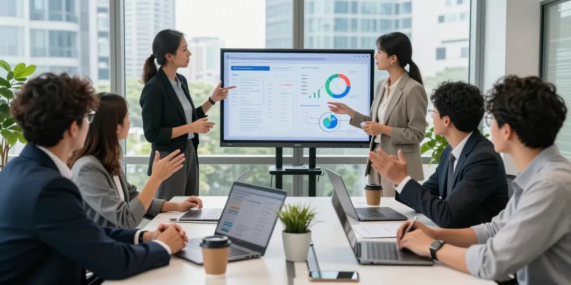 Tim profesional berkolaborasi di ruang kantor modern, memanfaatkan jaringan bisnis balak66.
