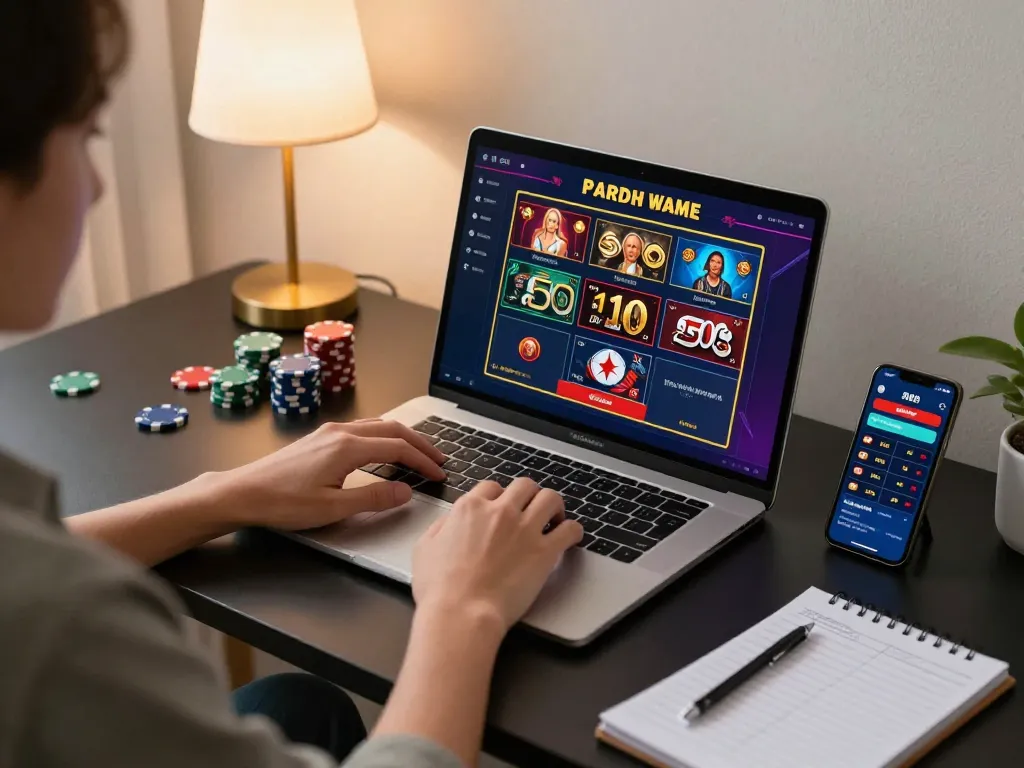 SIN88 player engaging in online casino games at home desk with laptop, chips, and strategy notes.