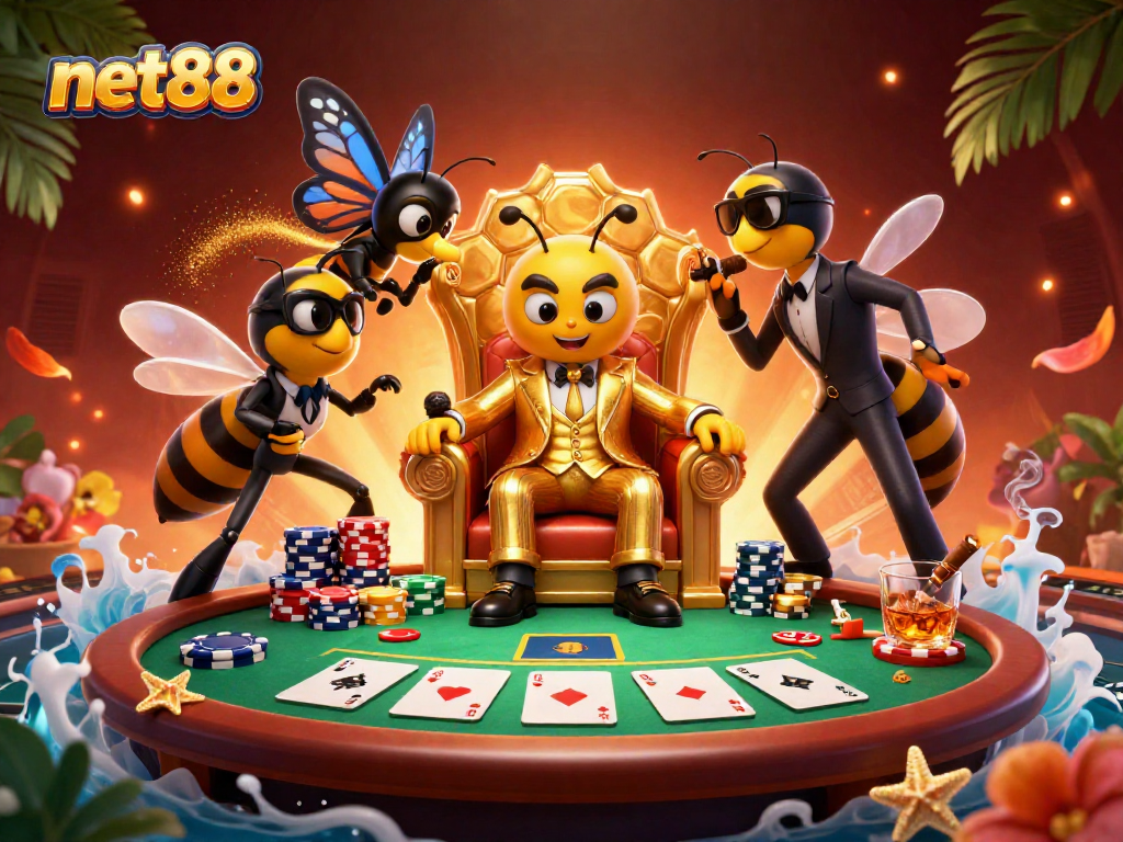 Engage with net88's thrilling poker scene featuring a bumblebee mob boss and vibrant gameplay elements.