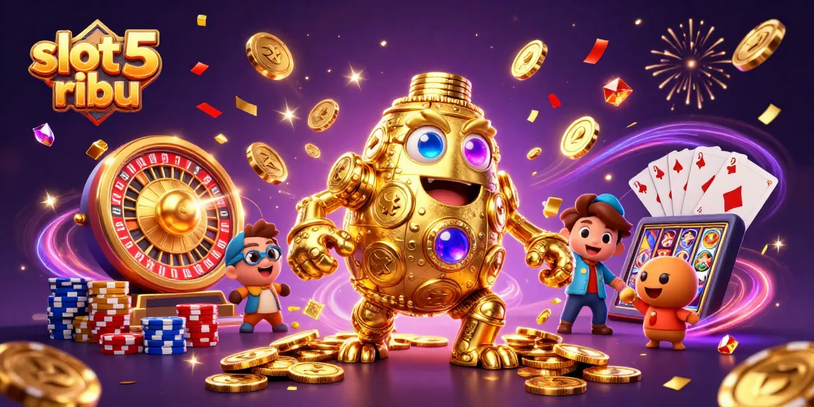 Spin and win with engaging slot 5 ribu action, featuring a golden golem and vibrant casino elements.