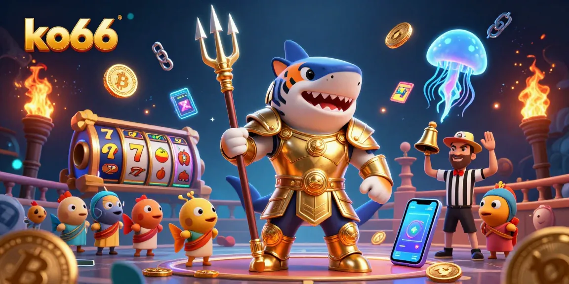 Engage in thrilling casino adventures at ko66 with golden gladiator shark and slot game elements!