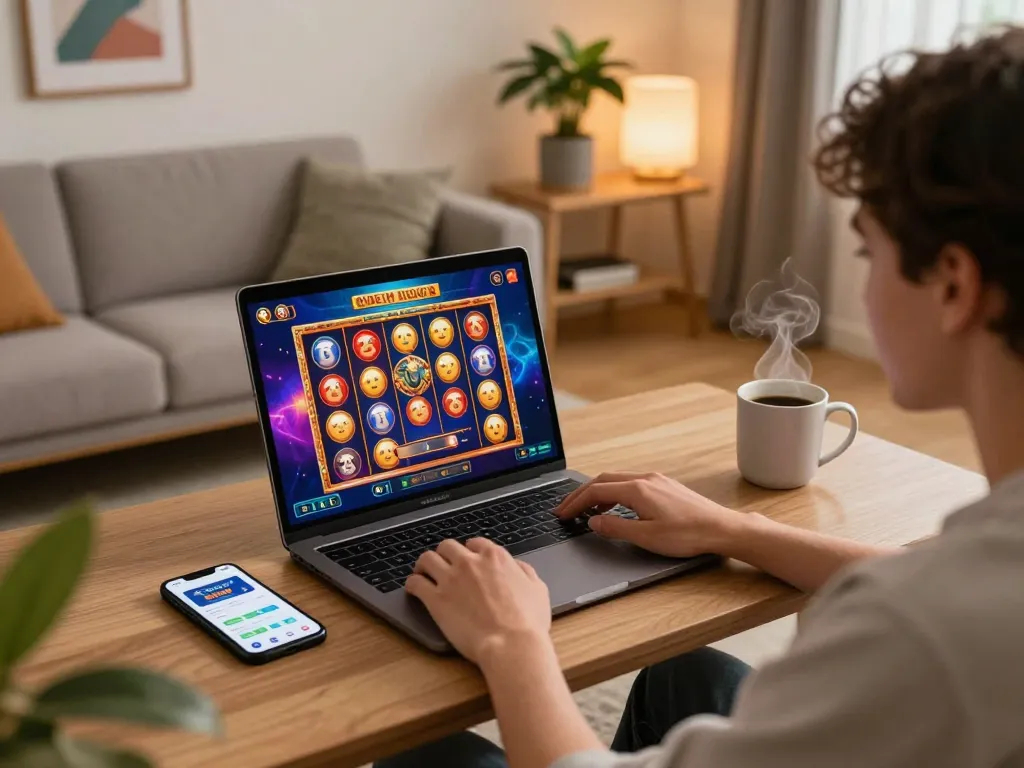Person enjoying an online gaming experience with the okfun app on their laptop, showcasing vibrant casino gameplay.