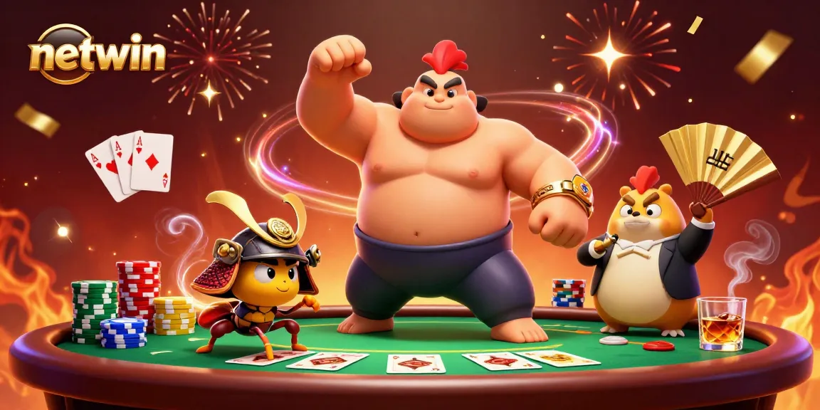 Action-packed netwin scene with a powerful sumo rooster and competitive elements in a vibrant casino atmosphere.