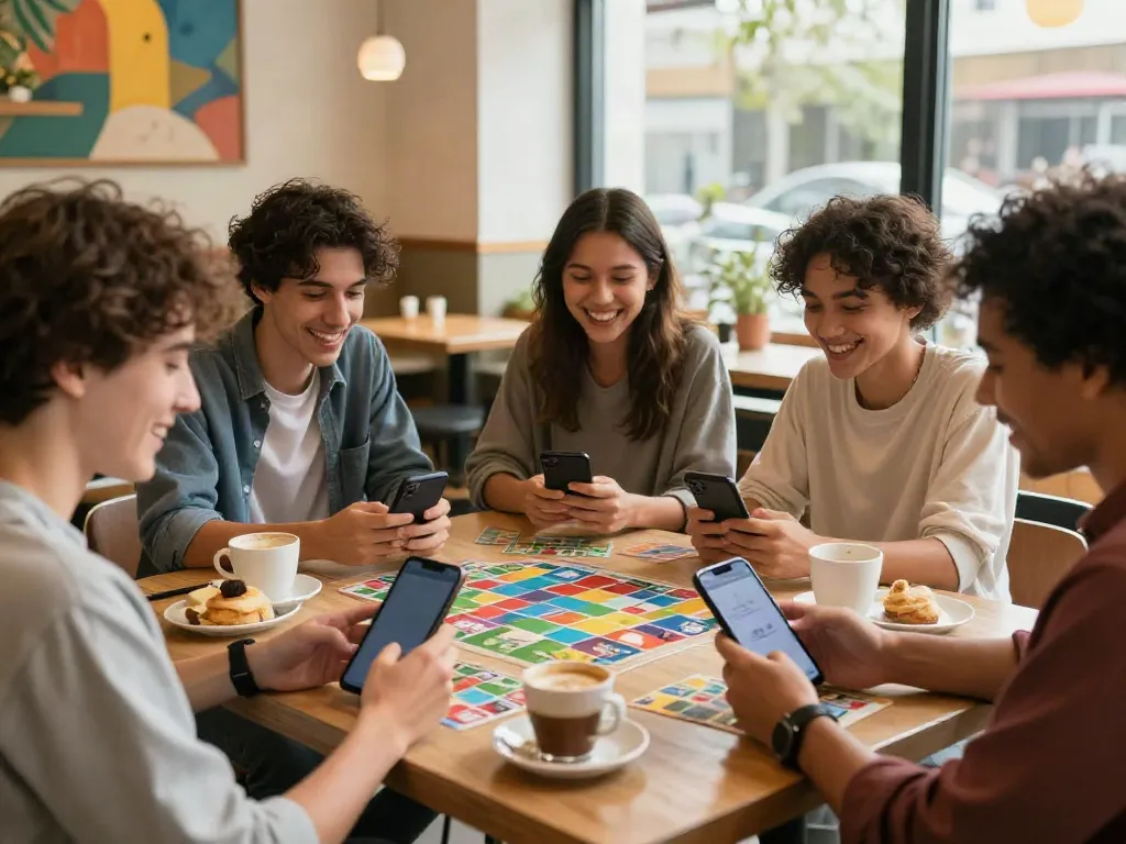 Friends enjoying Rumble Rummy on mobile devices at a café, highlighting interactive gameplay.