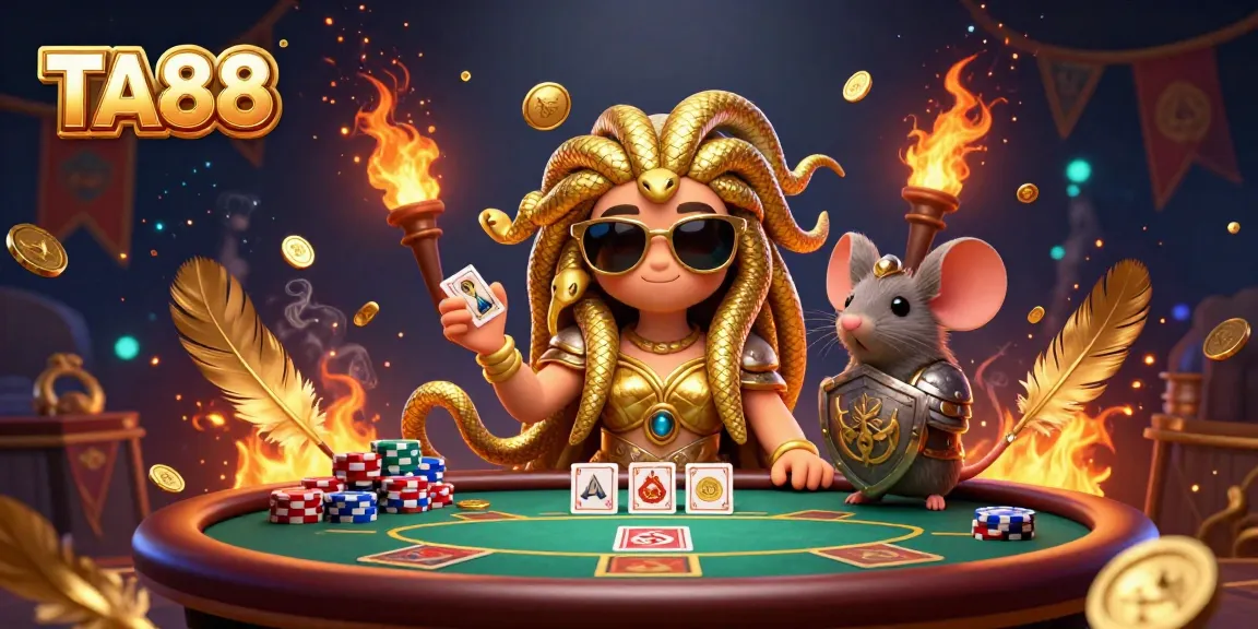 Engaging TA88 casino scene featuring Medusa and a warrior mouse with poker elements and vibrant details.