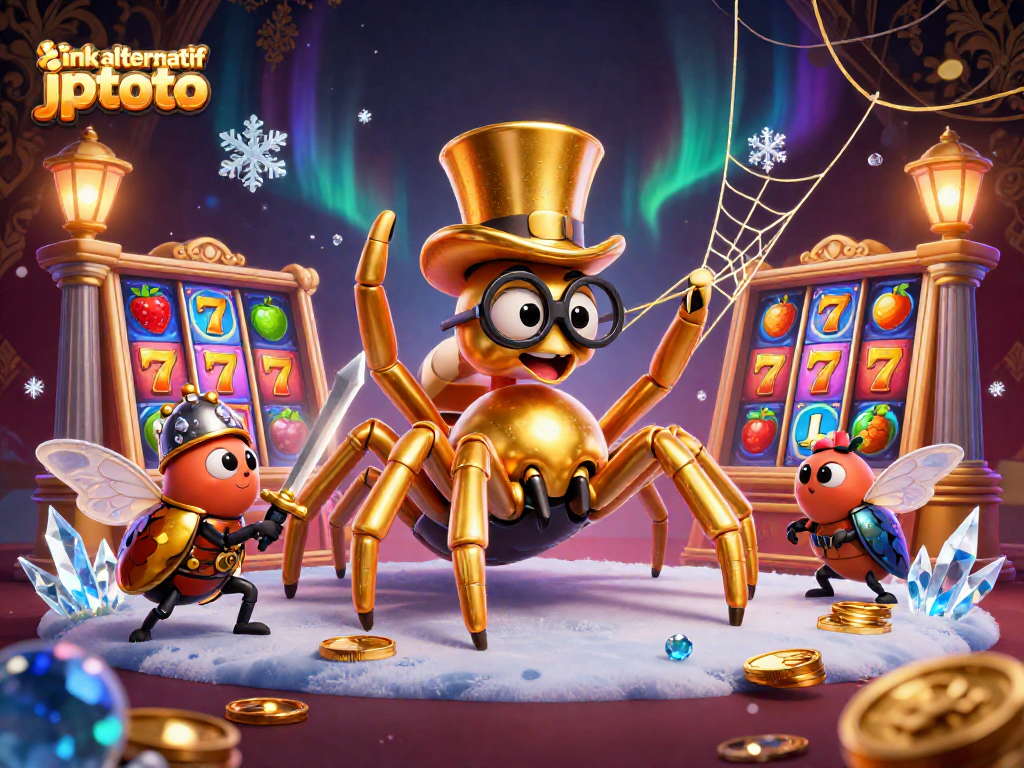 Spin the reels with link alternatif jptoto featuring a golden tarantula and a knight in a dynamic casino scene.