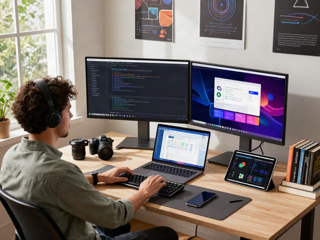 A developer at a work desk showcasing a website resmi project on dual monitors amidst greenery.