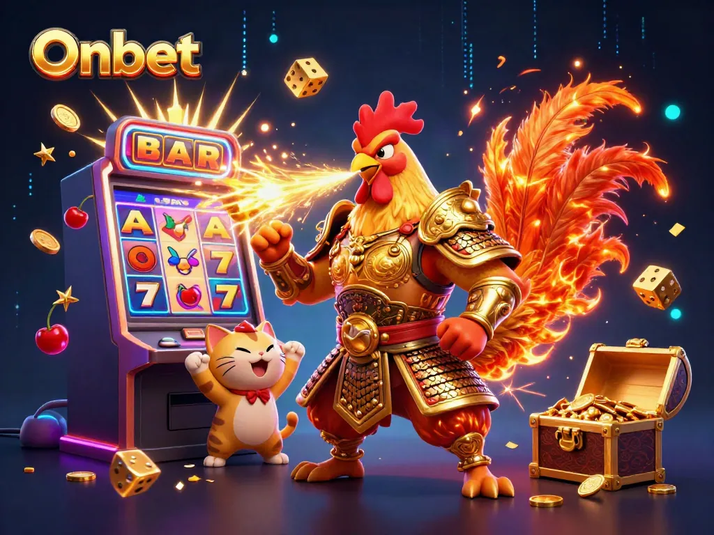 Engaging Onbet gaming illustration featuring a golden samurai rooster, dragon, and lively casino elements.