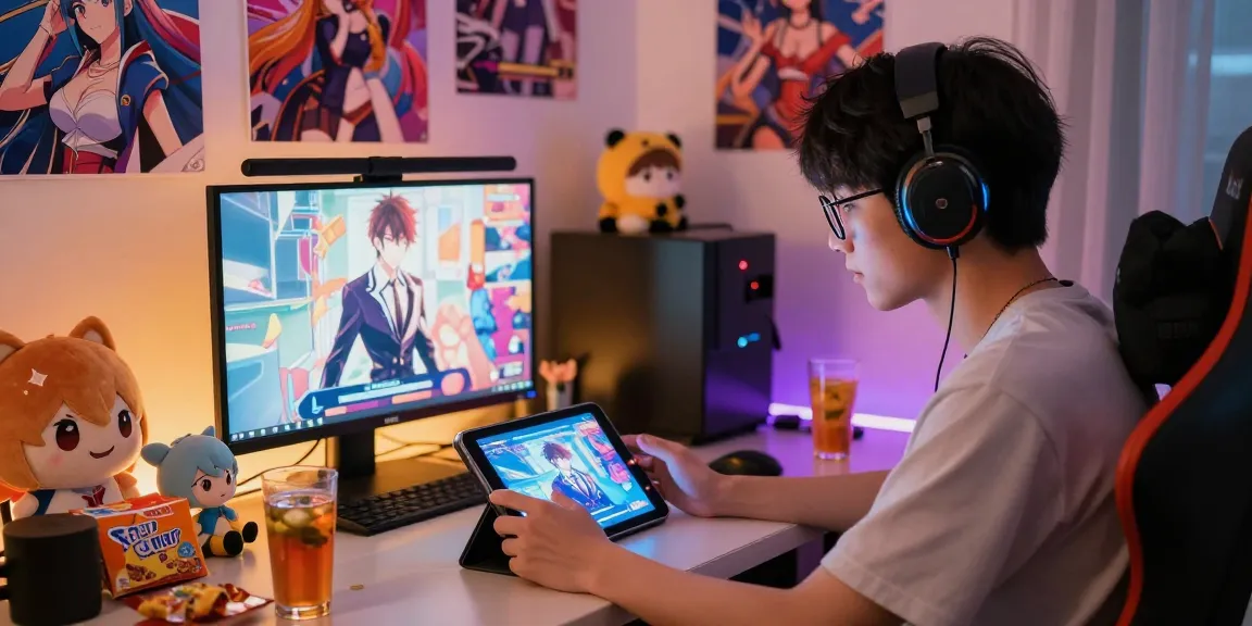 Player enjoying a hentai game on a tablet in a vibrant anime-themed gaming setup.